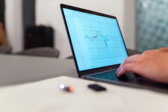 Pessoa analisando um gráfico de dados em um laptop, em um contexto de monitoramento e pesquisa.