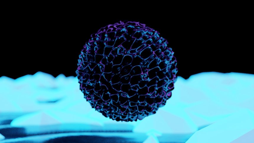 Representação digital de uma partícula viral com detalhes luminosos em fundo escuro