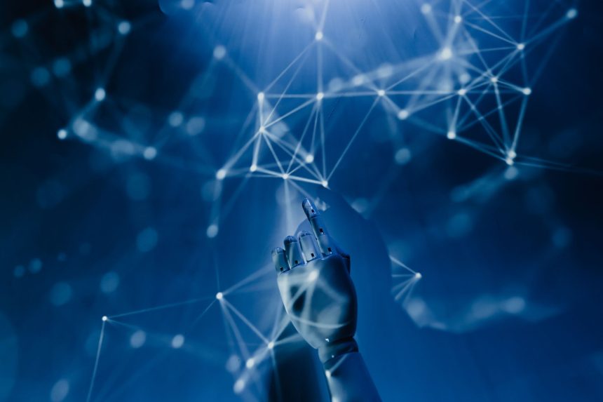 Mão robótica diante de uma rede digital azul, em uma representação conceitual de inteligência artificial e sistemas autônomos.